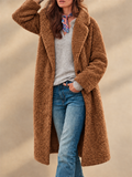 Women Long Teddy Fleece Coat Button Front Lapel Winter Overcoat
