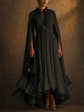 Women Fashion Cape Sleeve Pleated Ruffle Evening Maxi Gown Dress