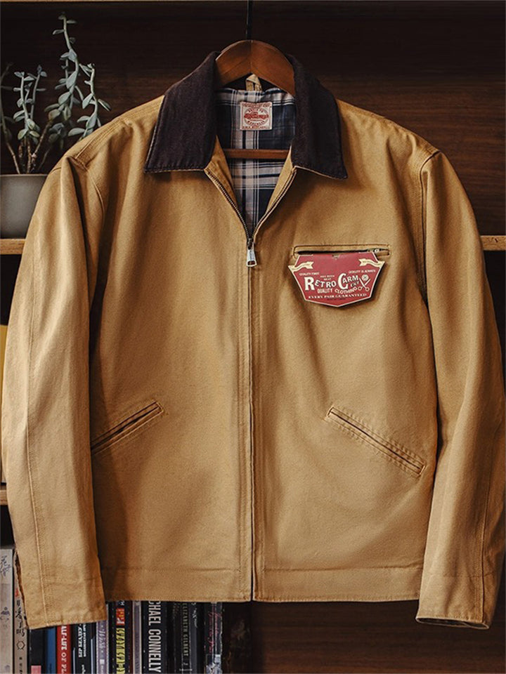 Men's Retro Contrast Color Lapel Long Sleeve Zip Up Jacket Coats