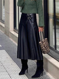 Women's Black Faux Leather Pleated A-Line Midi Skirts