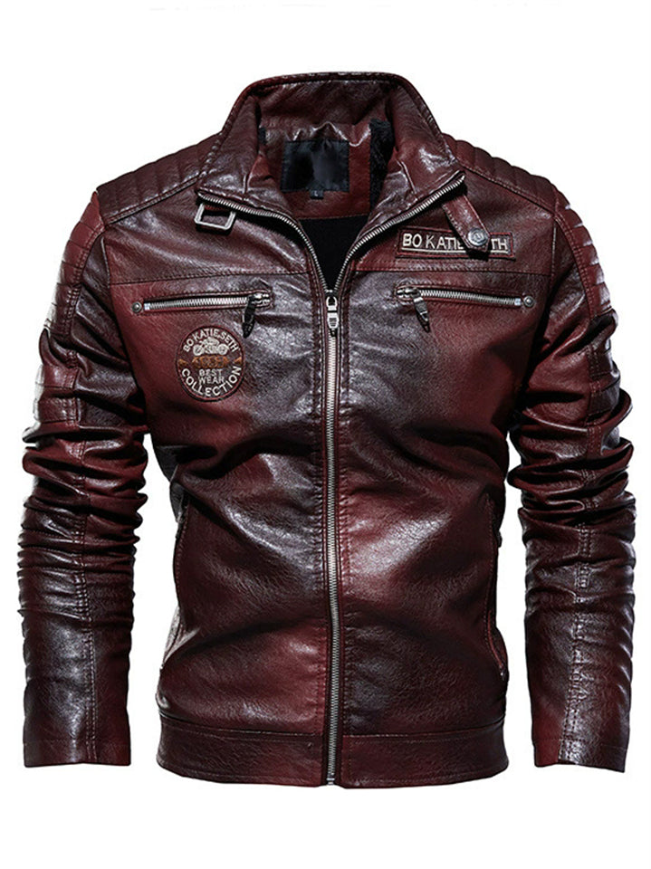 Men's Fleece Lined Faux Leather Motorcycle Jacket with Patches and Pockets