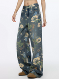 ‌Women's Mid Waist High Street Floral Print Loose Fit Wide Leg Denim Pants