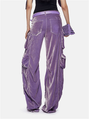 High Waisted Velvet Solid Multi-Pocket Pants for Women