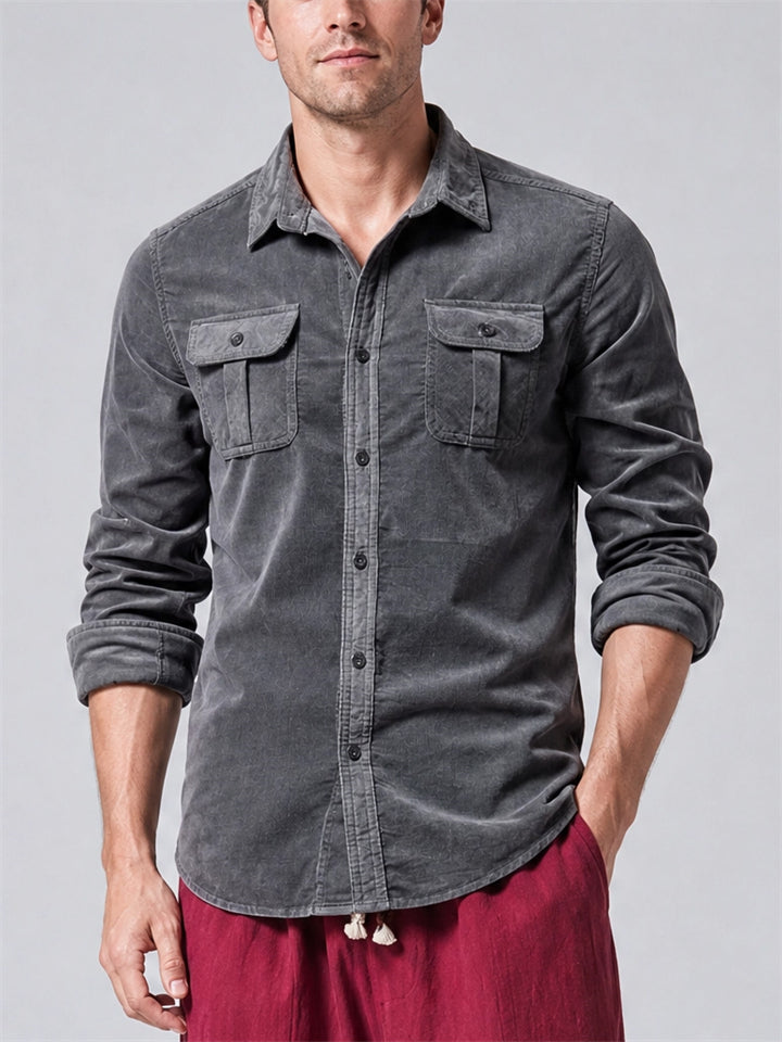 Men Corduroy Long Sleeve Button Down Double Pocket Casual Shirt