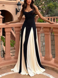 Female's Elegant Black White Contrast Color Spaghetti Strap Dress