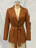 Women's Trendy Brown Solid Colors Lapel Tie Waist Suit Coat