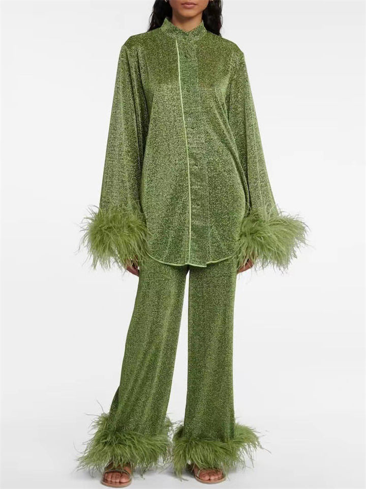 Women's 2pcs Casual Solid Color Stand Collar Shirt & Pants Set