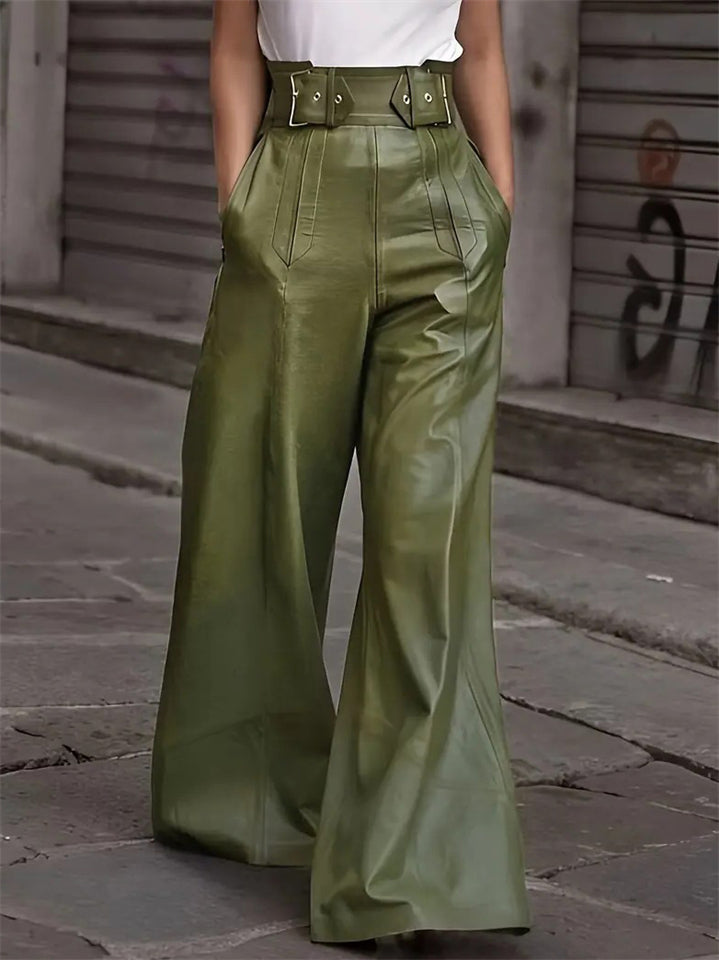 Women's Casual Fashion PU Leather High Rise Flared Pants