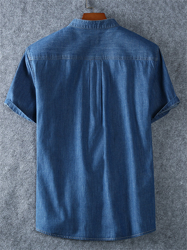 Plus Size Men's Summer Casual Cotton Stand Collar Denim Shirt