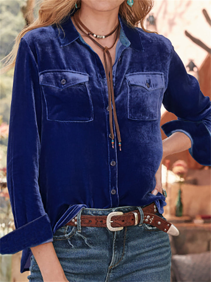 Vintage Long Sleeve Lapel Velvet Blouses for Ladies