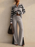 Women Striped 2 Piece Knit Polo Neck Wide Leg Slit Pants Set