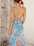 Female Spaghetti Strap French Style Printed Low-cut Dress