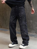Men's Streetwear‌ Loose Fit Wash Distressed Jeans with Beads and Rhinestone