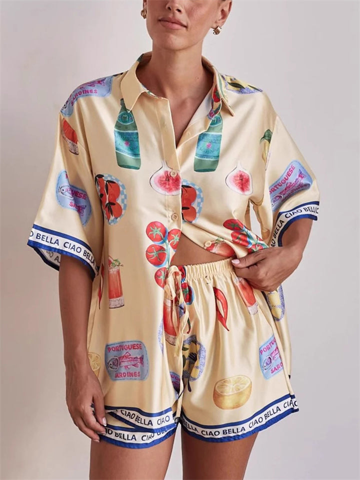 Women's 2pcs Casual Cartoon Print Button Up Short Sleeve Top & Pants Set