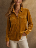 Women Velvet Long Sleeve Button Down Shirt With Pockets