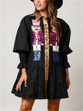 Women's Contrast Color Sequined Long Sleeve Lapel Shirt Dress