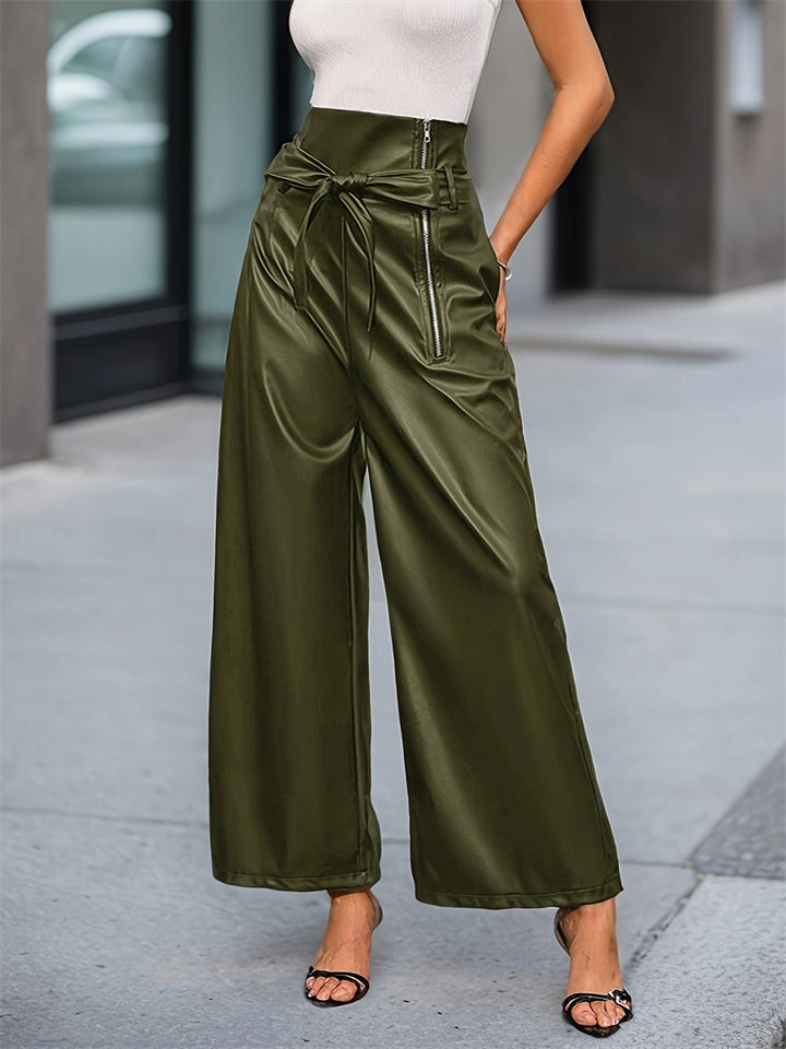 Women's High Waist Belted Wide Leg Faux Leather Pants