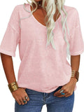 Women's Casual Simple Candy Color V Neck Short Sleeve Shirts