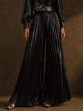 Women Satin Pleated Wide Leg High Waist Palazzo Pants
