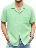 Men's Solid Color Waffle Button Up Suit Collar Short Sleeve Shirts