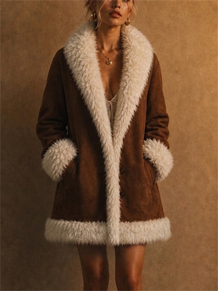 Women's Vintage Brown Suede Winter Faux Fur Trim Cardigan Coats