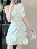 French Style Elegant 3D Flowers Strappy Mini Dress for Lady