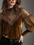 ‌Women's Chic Semi-High Neck Velvet Lace Overlay Patchwork Blouse‌