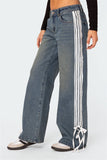 Women's Retro Mid Waist Side Stripe Straight Denim Pants