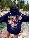 Women's Peach Flower Letter Print Oversized Hoodies with Pocket