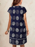 Women's Summer Blue Print Short Sleeve Knee Length Dress