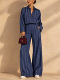Women 2 Piece Button Down Striped Shirt and Wide Leg Pants Set
