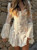 Flared Sleeve Ruffle Sexy Lace Dress for Ladies