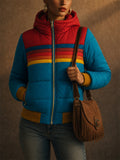 Women Retro Rainbow Stripe Hooded Puffer Jacket Winter Coat