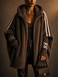 Women Oversized Faux Fur Striped Zip Up Hooded Jackets