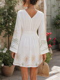 Womens White Boho Sun Print Bell Sleeve Mini Dress with Lace Trim