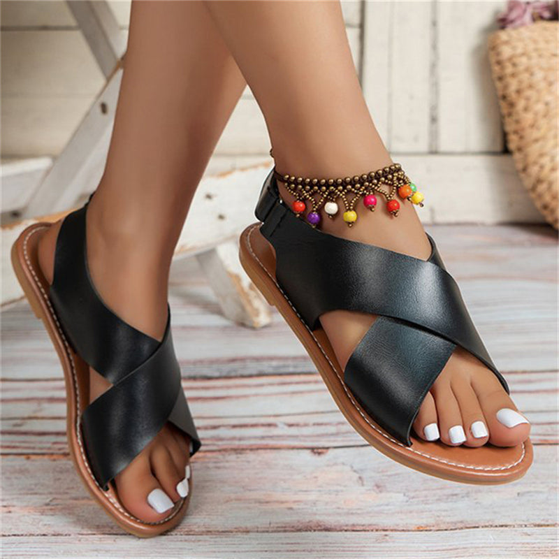 Simple Open Toe Cross Strap Roman Sandals for Women