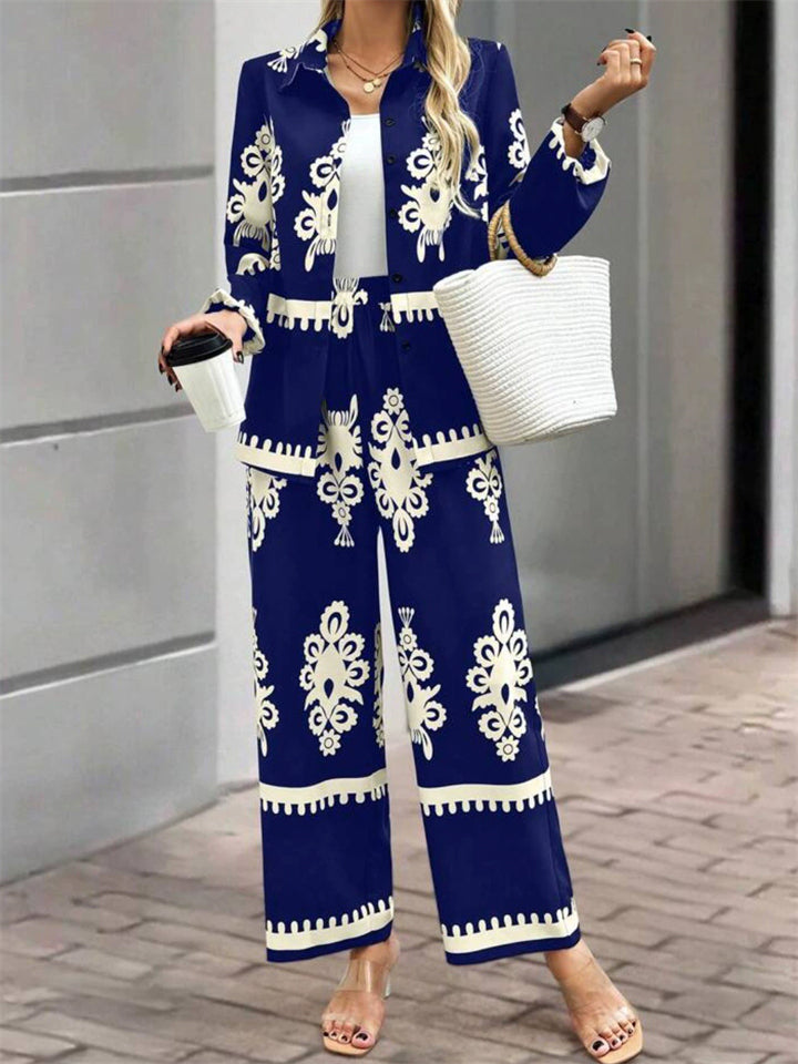 Women's Casual Ethnic Style Printed Long Sleeve Top & Wide Leg Pants Set