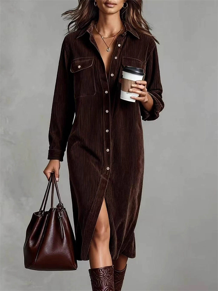 ‌Women's Vintage Elegant Button Up Corduroy Dress‌ with Pockets