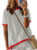 Stripe Contrast Color Short Sleeve Knitted Tops for Women