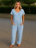 Women's Summer Solid Color V Neck Pockets Drop Crotch Jumpsuits