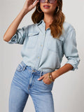 Women's Blue Single Breasted Lapel Denim Blouses