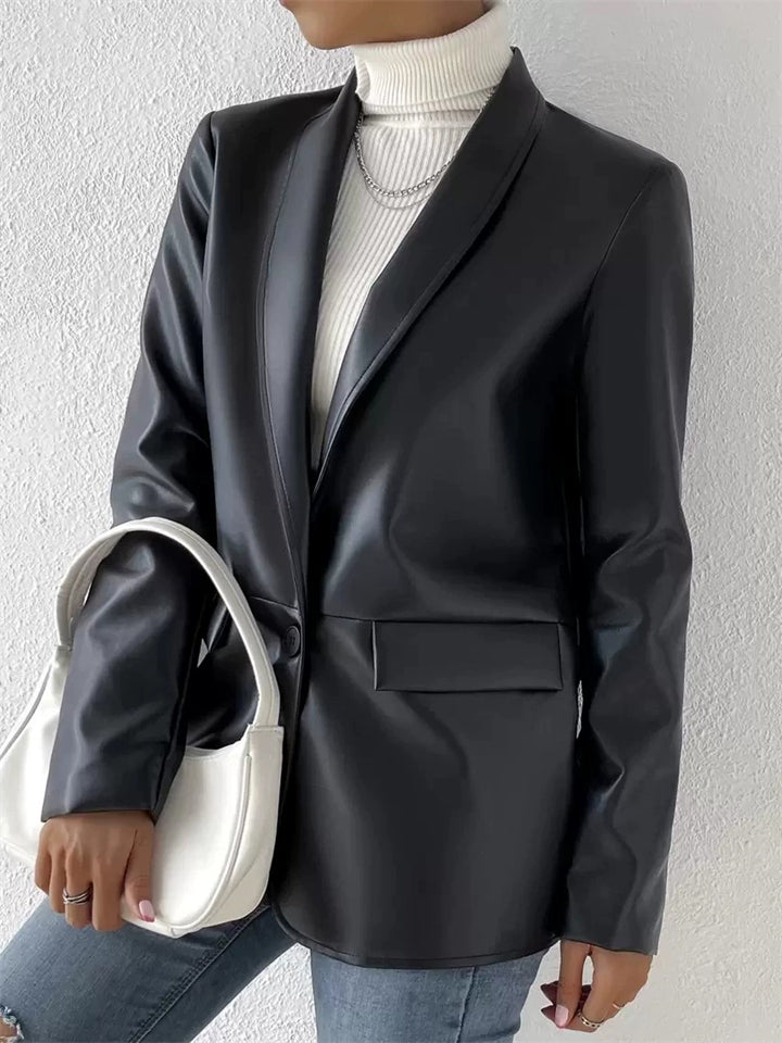 ‌Simple Black Faux Leather Single Breasted Blazer for Women