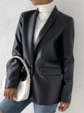 ‌Simple Black Faux Leather Single Breasted Blazer for Women