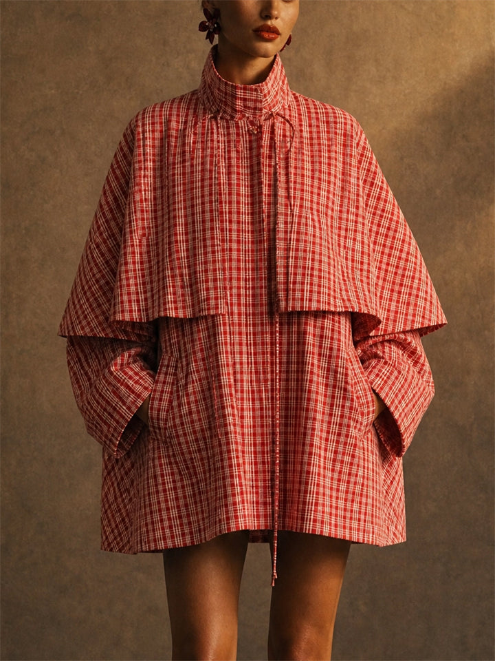 Women Red Plaid Capelet Jacket Oversized Drawstring Top