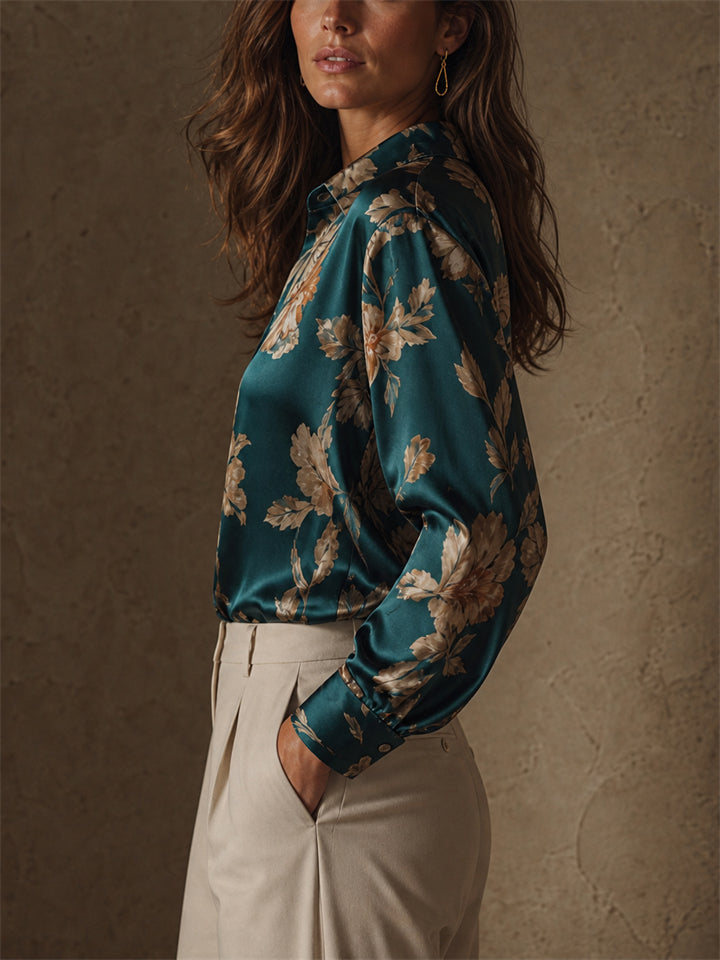 Women Floral Satin Silky Long Sleeve Button Down Blouse