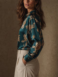 Women Floral Satin Silky Long Sleeve Button Down Blouse