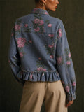 Women Vintage Floral Denim Ruffle Hem Jean Jackets