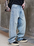 Men's Streetwear‌ Loose Fit Wash Distressed Jeans with Beads and Rhinestone