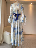 ‌Women's Holiday Style Elegant V Neck Tie-Waist Floral Print Dress‌