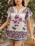 Plus Size Women's Retro Summer Floral Print V Neck Short Sleeve Shirt